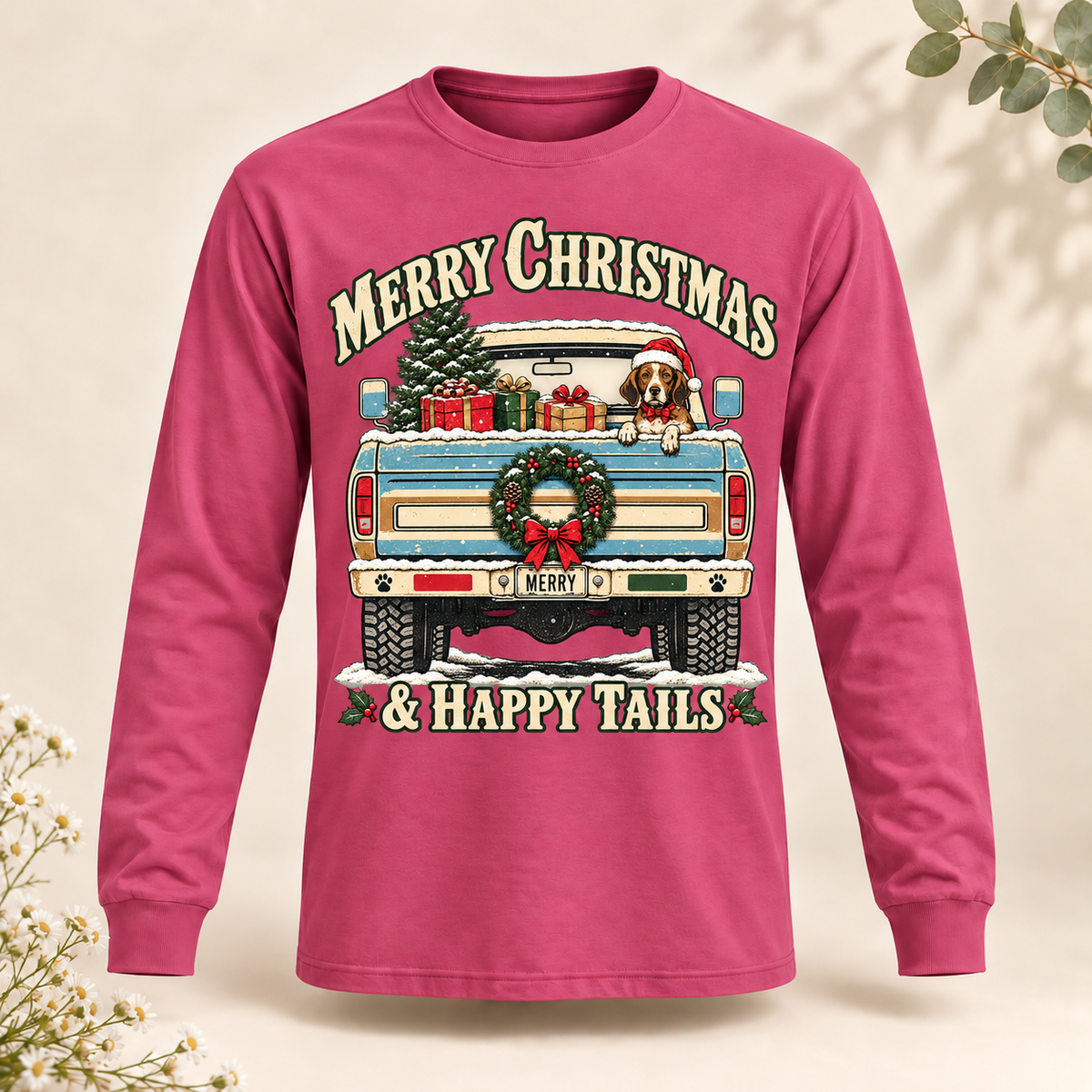 Beagle Christmas Truck Shirt – Merry Christmas & Happy Tails, Short & Long Sleeve