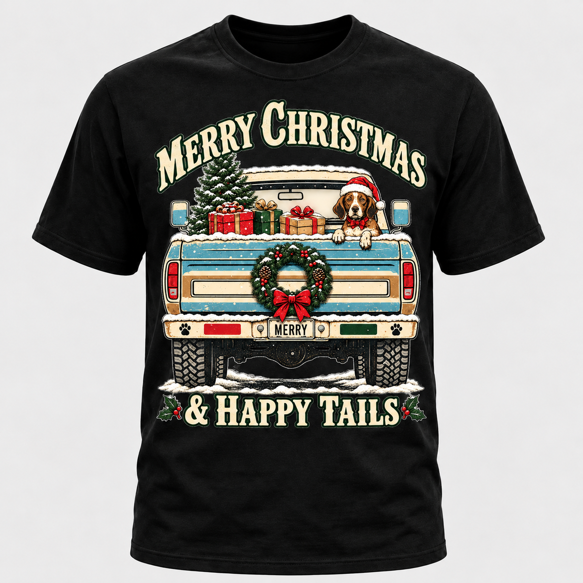 Beagle Christmas Truck Shirt – Merry Christmas & Happy Tails, Short & Long Sleeve