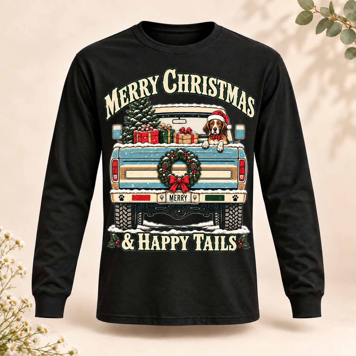 Beagle Christmas Truck Shirt – Merry Christmas & Happy Tails, Short & Long Sleeve