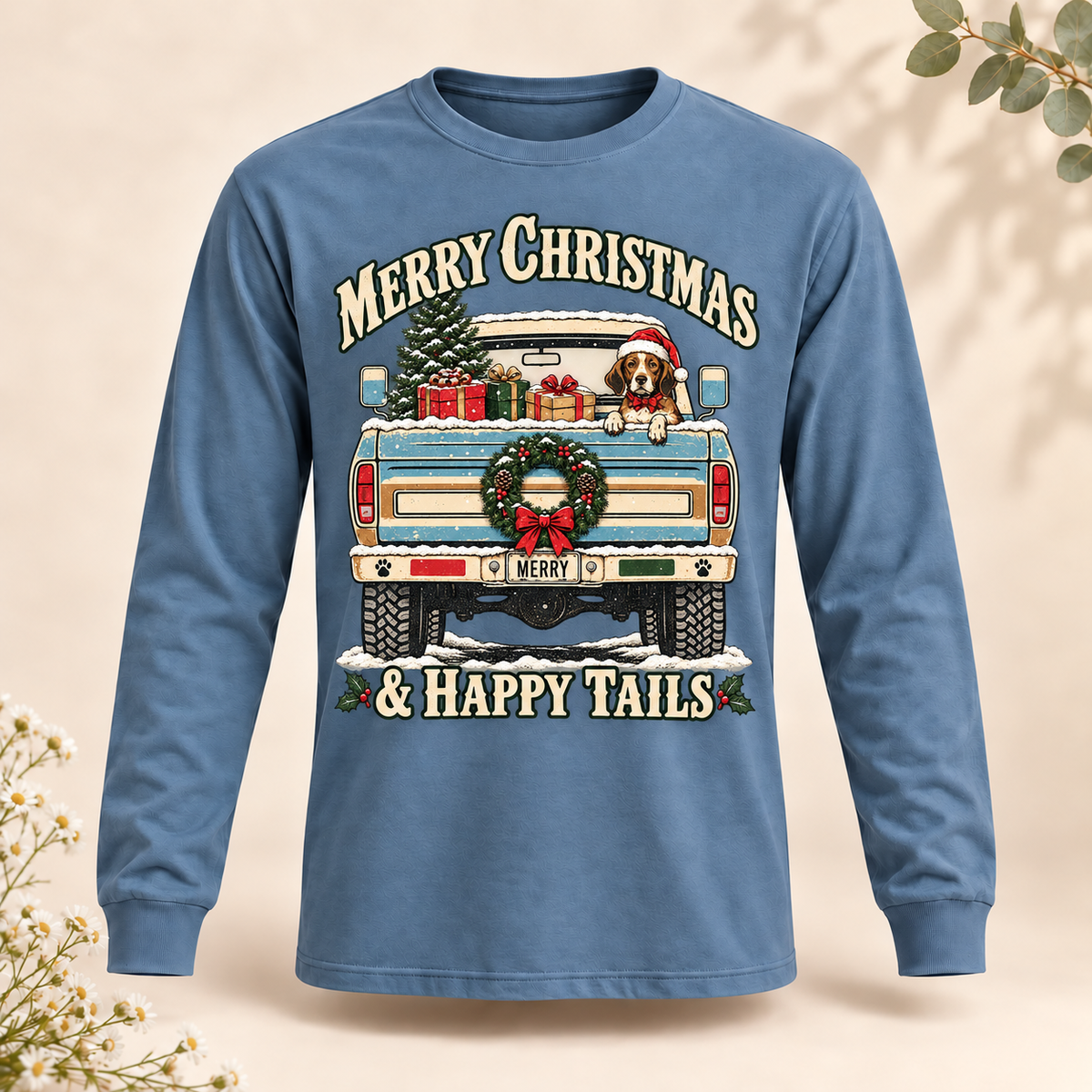 Beagle Christmas Truck Shirt – Merry Christmas & Happy Tails, Short & Long Sleeve