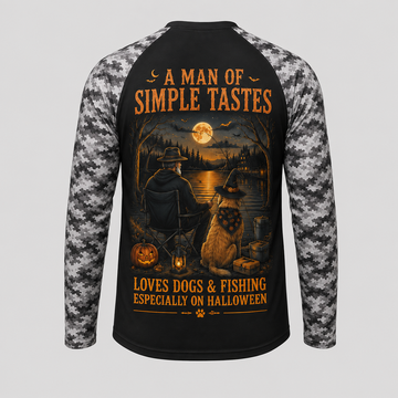Personalized Halloween Fishing & Dog Shirt – A Man of Simple Tastes Custom Name Long Sleeve Sun Shirt