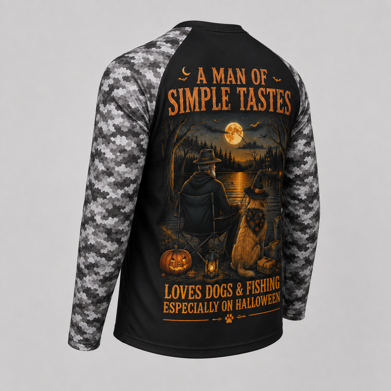 Personalized Halloween Fishing & Dog Shirt – A Man of Simple Tastes Custom Name Long Sleeve Sun Shirt