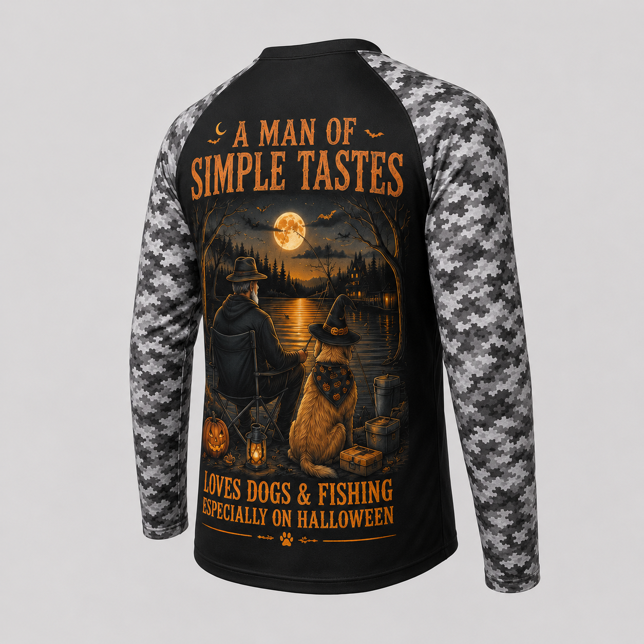 Personalized Halloween Fishing & Dog Shirt – A Man of Simple Tastes Custom Name Long Sleeve Sun Shirt