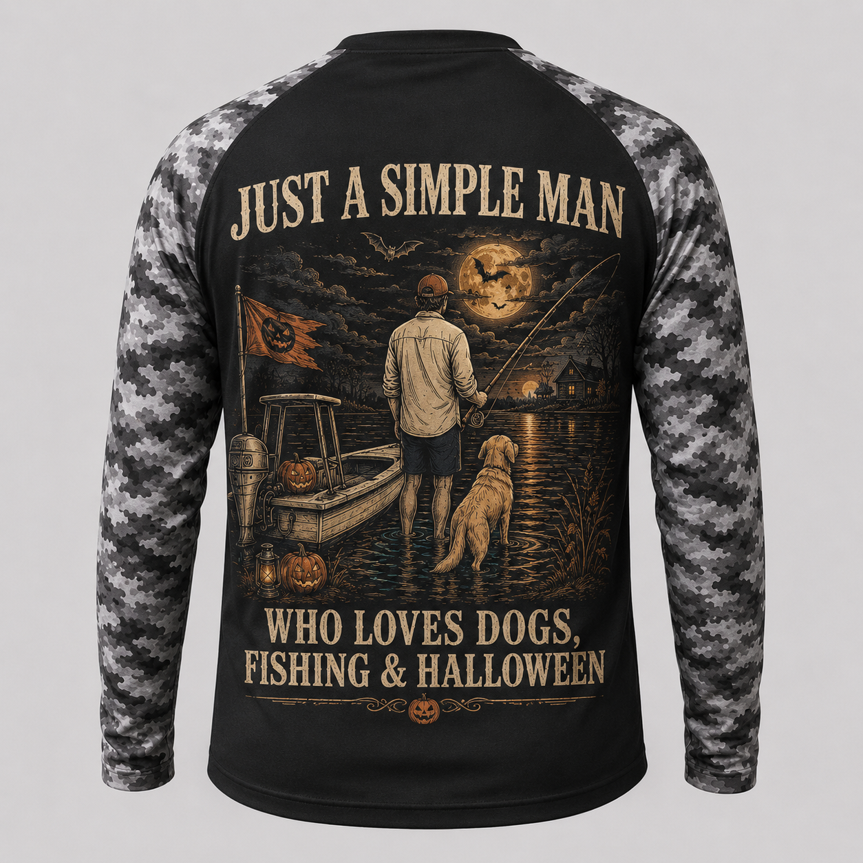 Custom Simple Man Halloween Fishing & Dog Long Sleeve Shirt