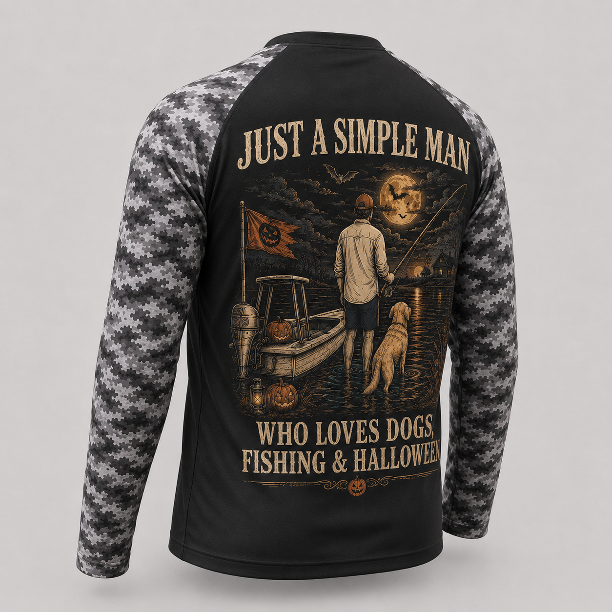 Custom Simple Man Halloween Fishing & Dog Long Sleeve Shirt