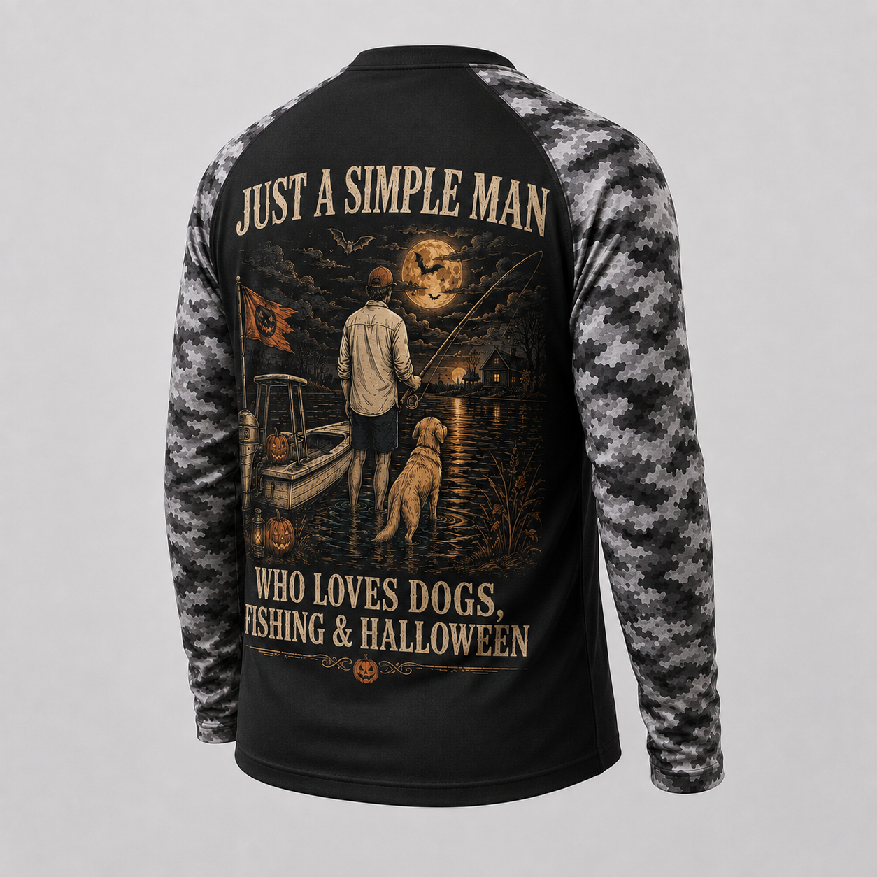 Custom Simple Man Halloween Fishing & Dog Long Sleeve Shirt