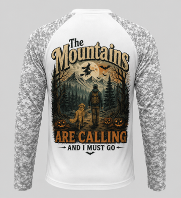 Personalized Halloween Hiking & Dog Shirt – The Mountains Are Calling Custom Name Long Sleeve Sun Shirt