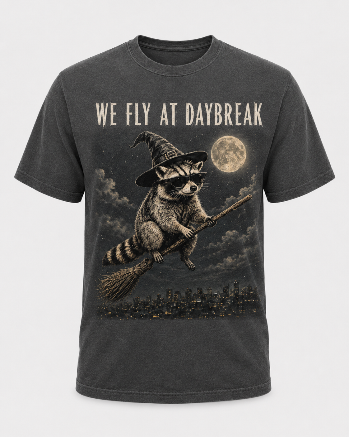 We Fly at Daybreak Raccoon Halloween Shirt, Witch Raccoon Broomstick Tee, Spooky Trash Panda Halloween Gift - T-Shirt Comfort Colors