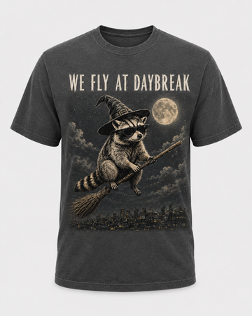 We Fly at Daybreak Raccoon Halloween Shirt, Witch Raccoon Broomstick Tee, Spooky Trash Panda Halloween Gift - T-Shirt Comfort Colors