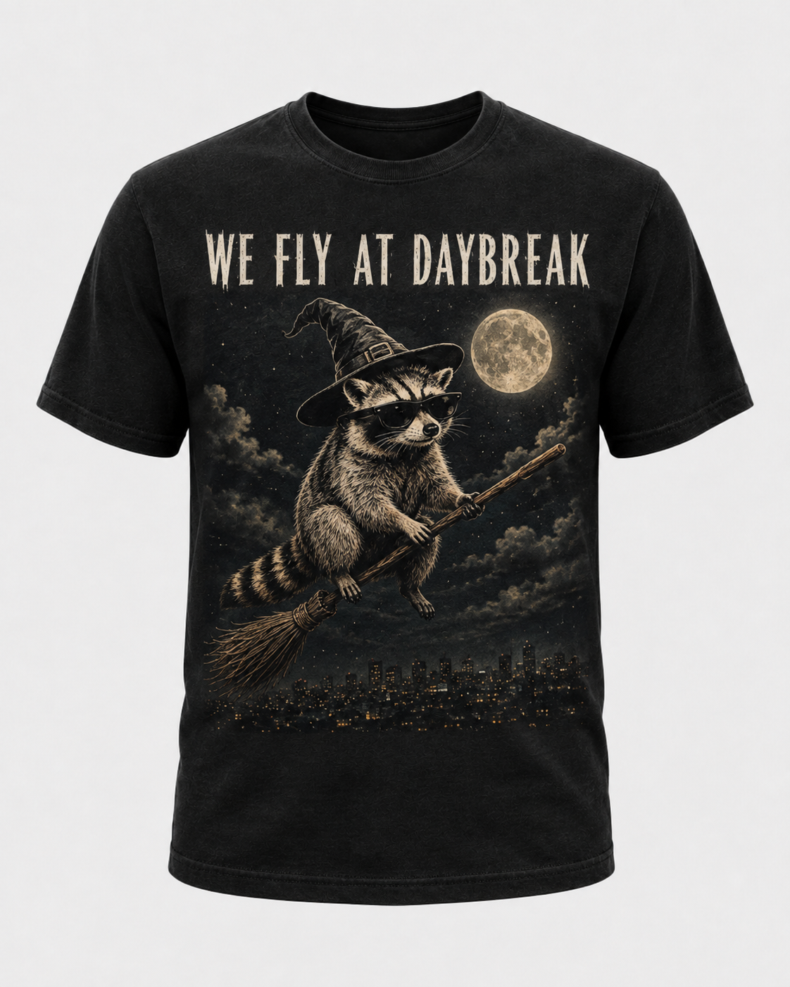 We Fly at Daybreak Raccoon Halloween Shirt, Witch Raccoon Broomstick Tee, Spooky Trash Panda Halloween Gift - T-Shirt Comfort Colors
