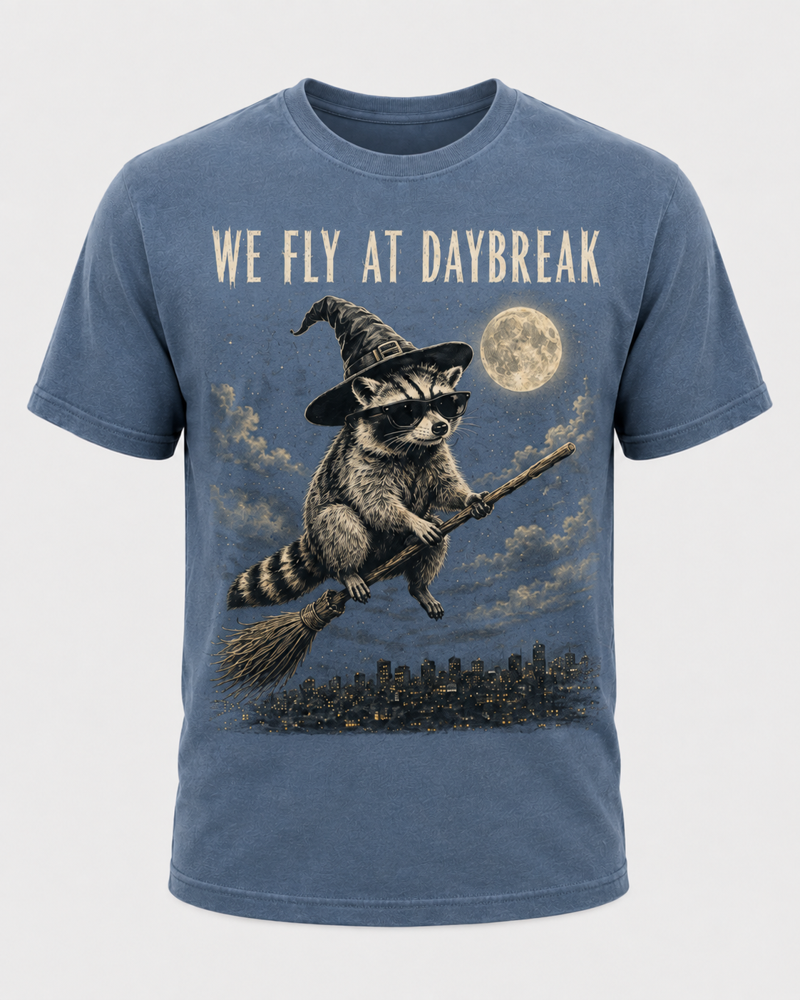 We Fly at Daybreak Raccoon Halloween Shirt, Witch Raccoon Broomstick Tee, Spooky Trash Panda Halloween Gift - T-Shirt Comfort Colors