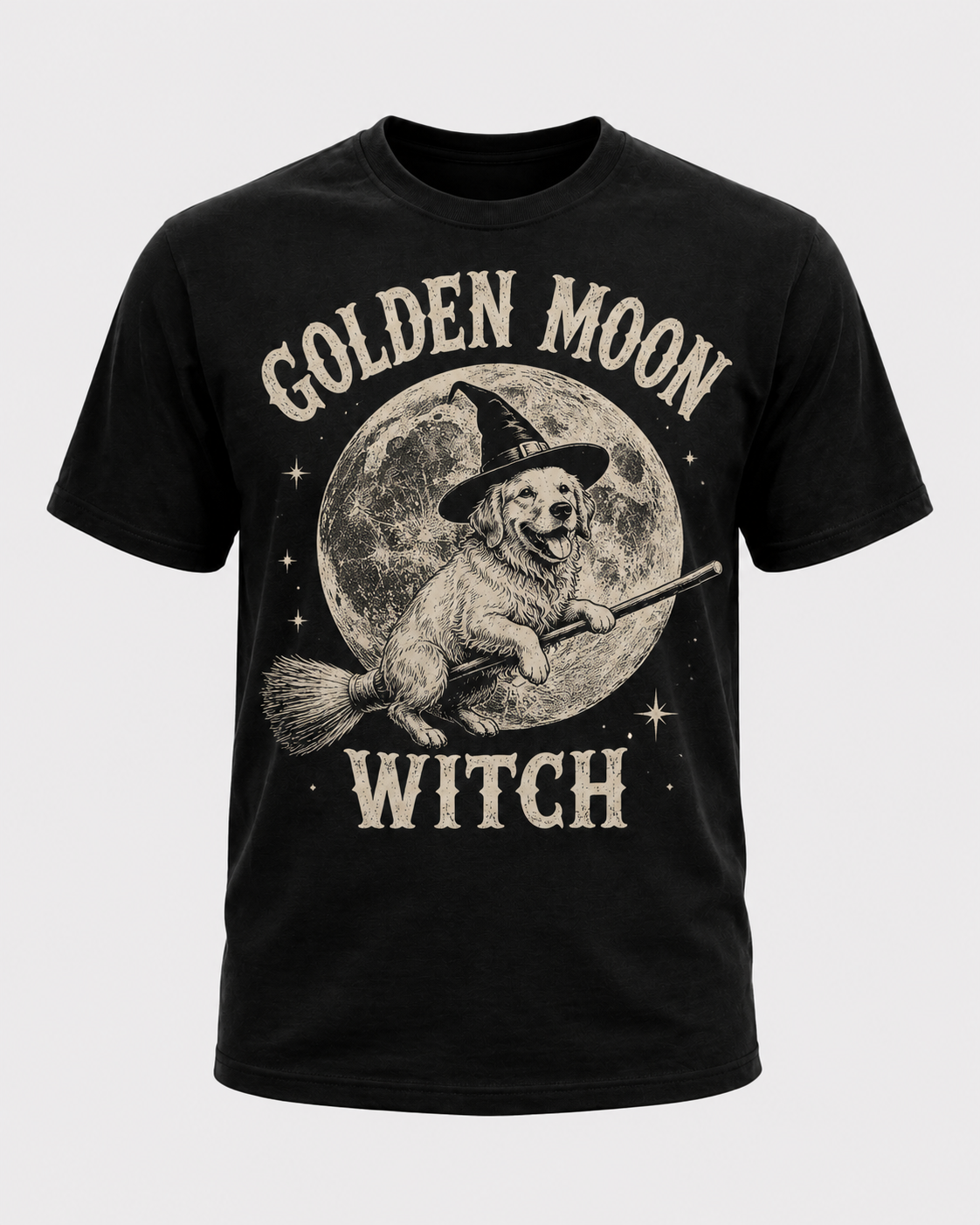 Golden Moon Witch Golden Retriever Halloween Shirt, Witch Dog on Broom Spooky Tee, Comfort Colors T-Shirt