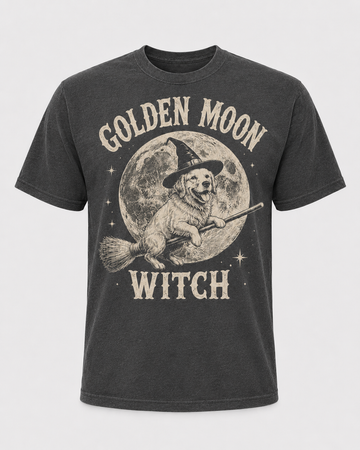Golden Moon Witch Golden Retriever Halloween Shirt, Witch Dog on Broom Spooky Tee, Comfort Colors T-Shirt