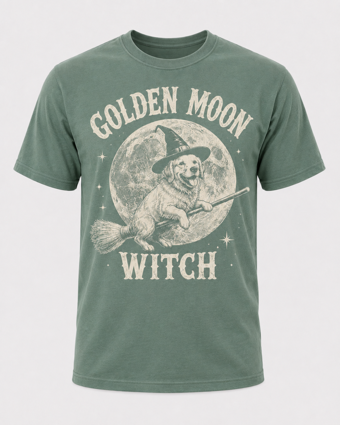 Golden Moon Witch Golden Retriever Halloween Shirt, Witch Dog on Broom Spooky Tee, Comfort Colors T-Shirt