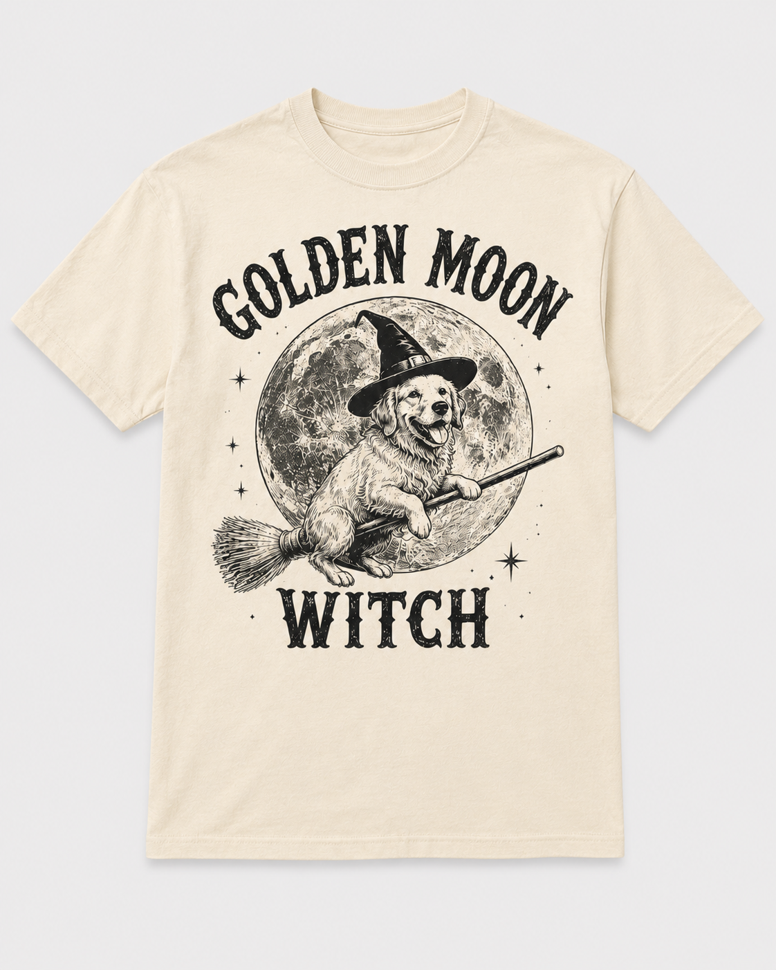 Golden Moon Witch Golden Retriever Halloween Shirt, Witch Dog on Broom Spooky Tee, Comfort Colors T-Shirt