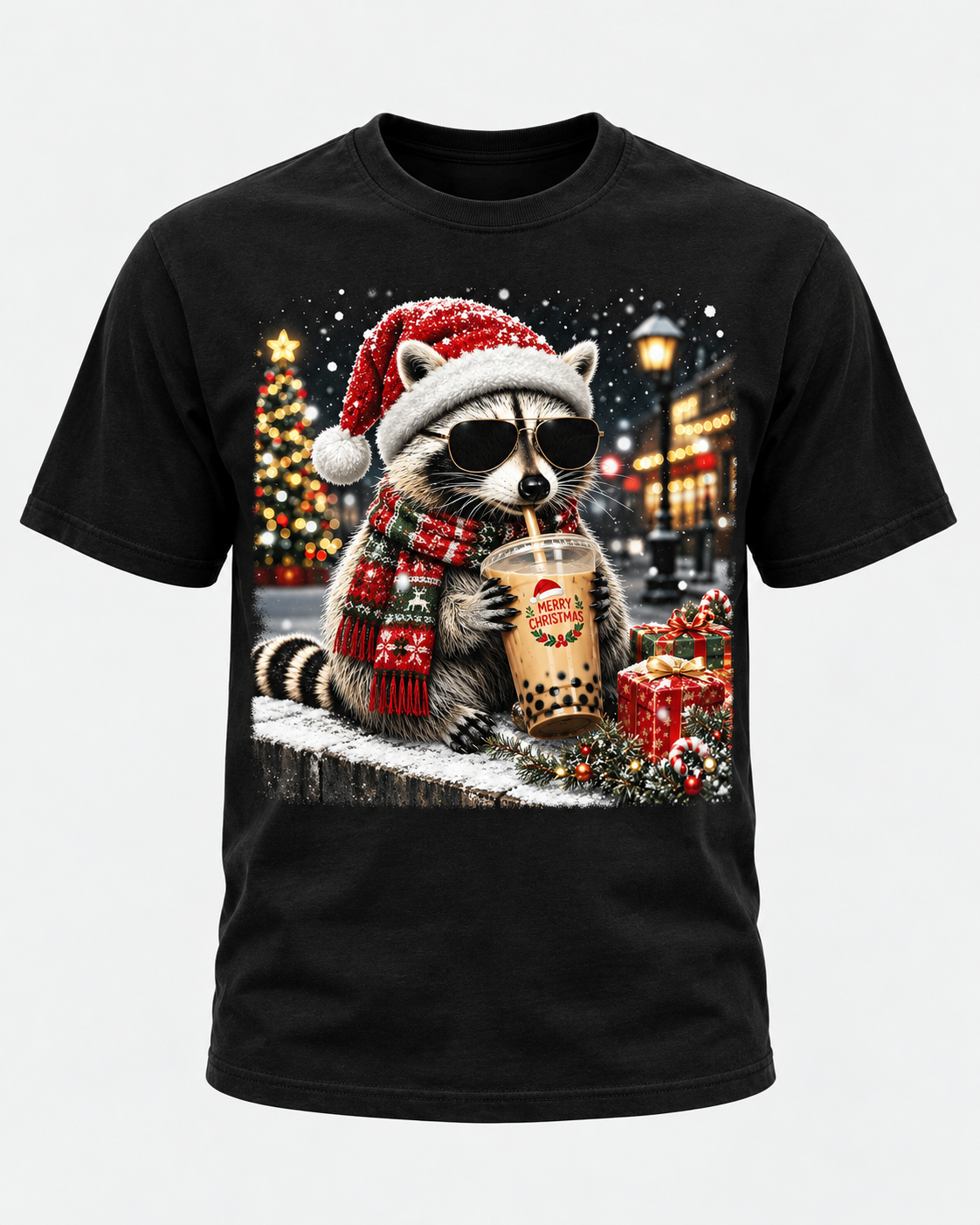 Merry Christmas Raccoon Comfort Colors T-Shirt, Funny Boba Raccoon Holiday Tee, Cute Winter Raccoon Christmas Shirt