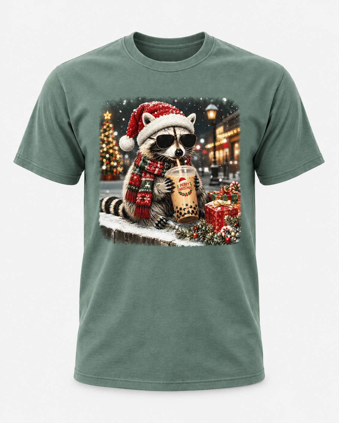 Merry Christmas Raccoon Comfort Colors T-Shirt, Funny Boba Raccoon Holiday Tee, Cute Winter Raccoon Christmas Shirt