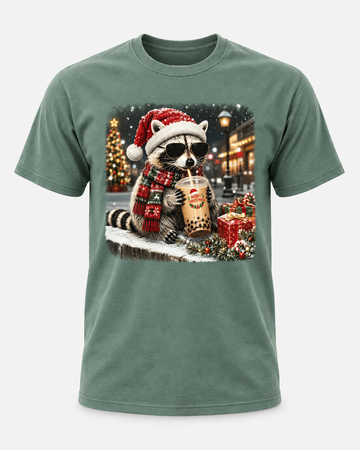 Merry Christmas Raccoon Comfort Colors T-Shirt, Funny Boba Raccoon Holiday Tee, Cute Winter Raccoon Christmas Shirt