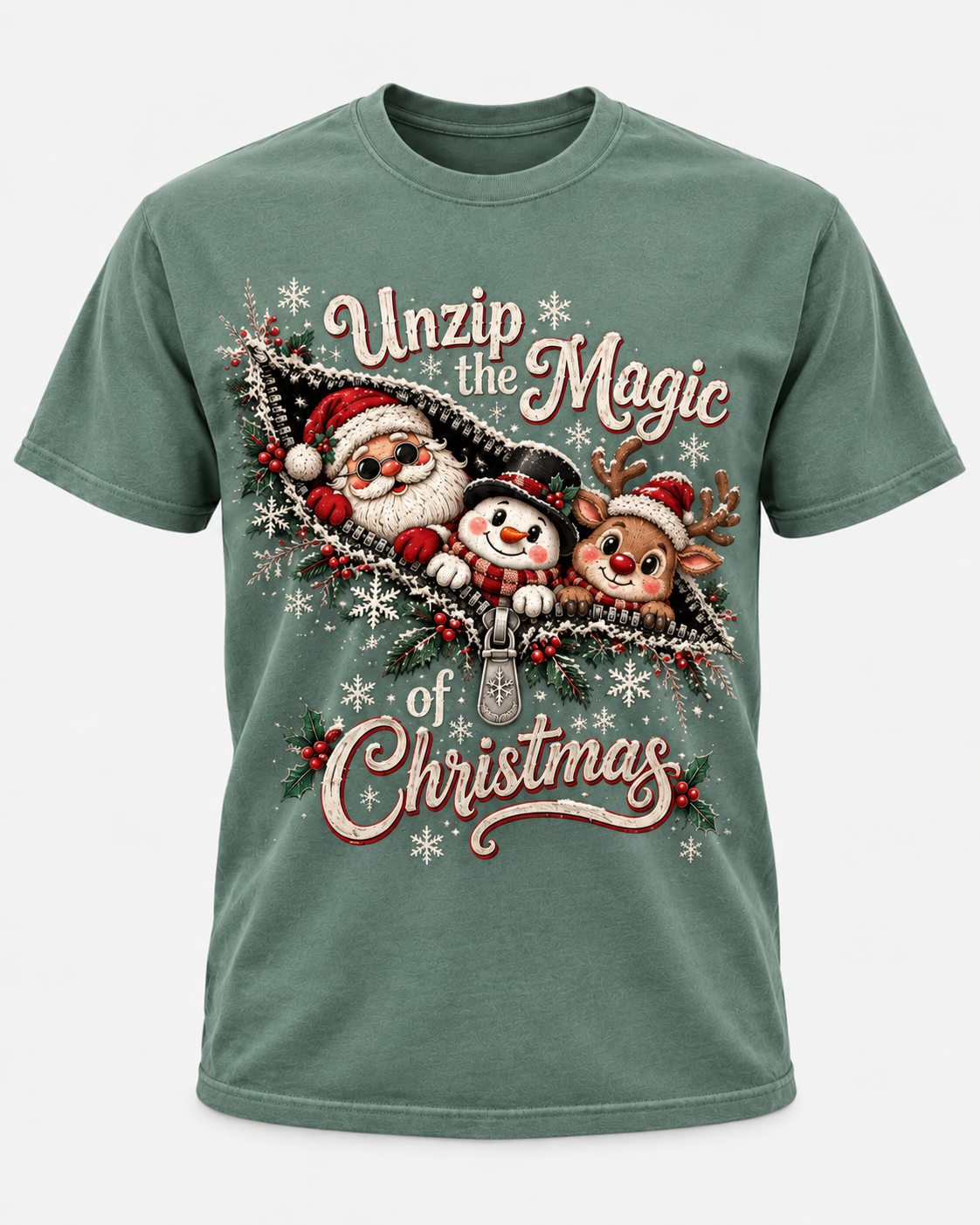 Unzip the Magic of Christmas Comfort Colors T-Shirt, Santa Snowman Reindeer Holiday Tee, Cute Christmas Graphic Shirt