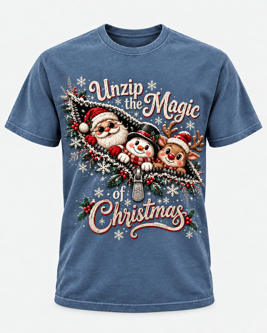 Unzip the Magic of Christmas Comfort Colors T-Shirt, Santa Snowman Reindeer Holiday Tee, Cute Christmas Graphic Shirt
