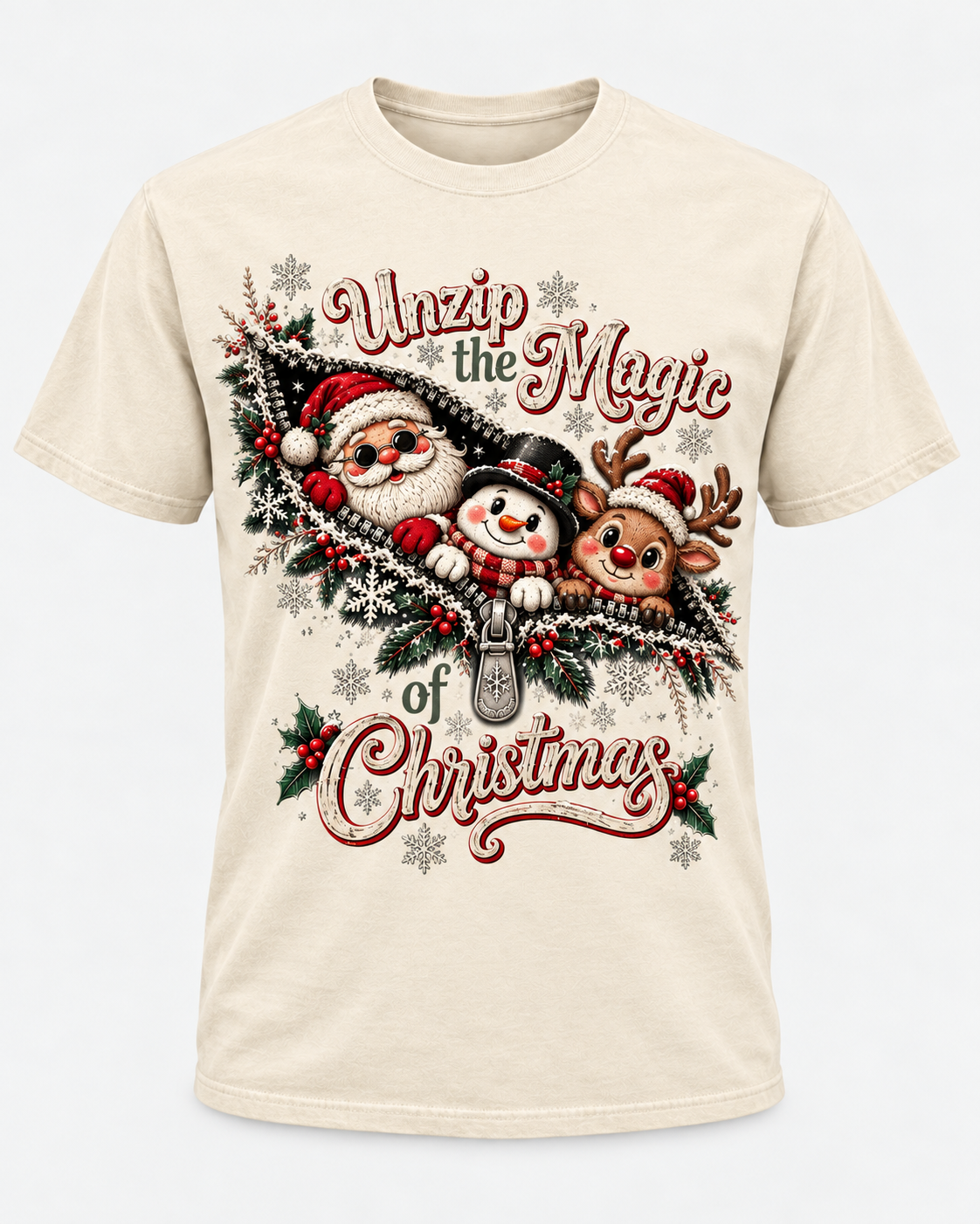 Unzip the Magic of Christmas Comfort Colors T-Shirt, Santa Snowman Reindeer Holiday Tee, Cute Christmas Graphic Shirt