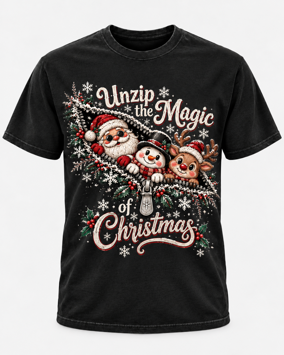 Unzip the Magic of Christmas Comfort Colors T-Shirt, Santa Snowman Reindeer Holiday Tee, Cute Christmas Graphic Shirt