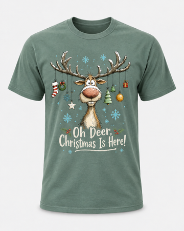 Oh Deer, Christmas Is Here Comfort Colors T-Shirt, Funny Reindeer Holiday Tee, Cute Christmas Deer Shirt