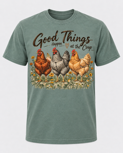 Good Things Happen at the Coop Comfort Colors T-Shirt, Vintage Chicken Lover Tee, Backyard Hen Farmhouse Shirt