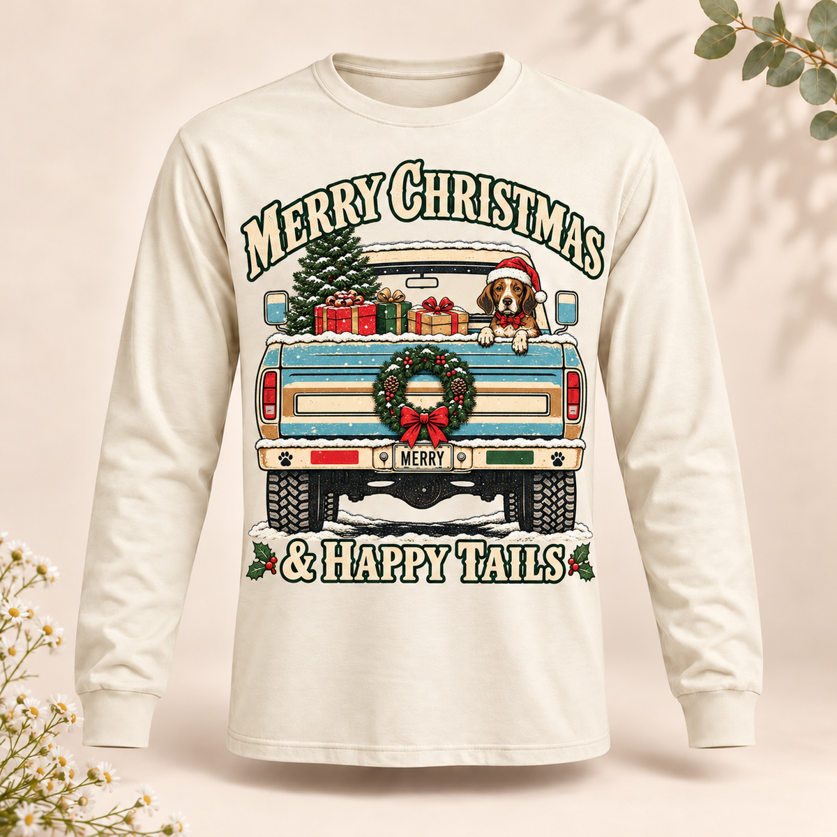 Beagle Christmas Truck Shirt – Merry Christmas & Happy Tails, Short & Long Sleeve