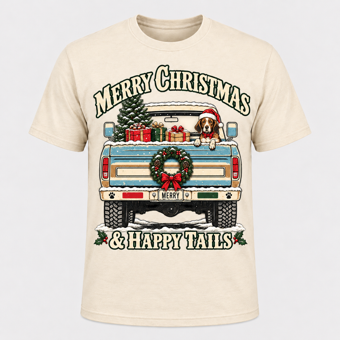 Beagle Christmas Truck Shirt – Merry Christmas & Happy Tails, Short & Long Sleeve