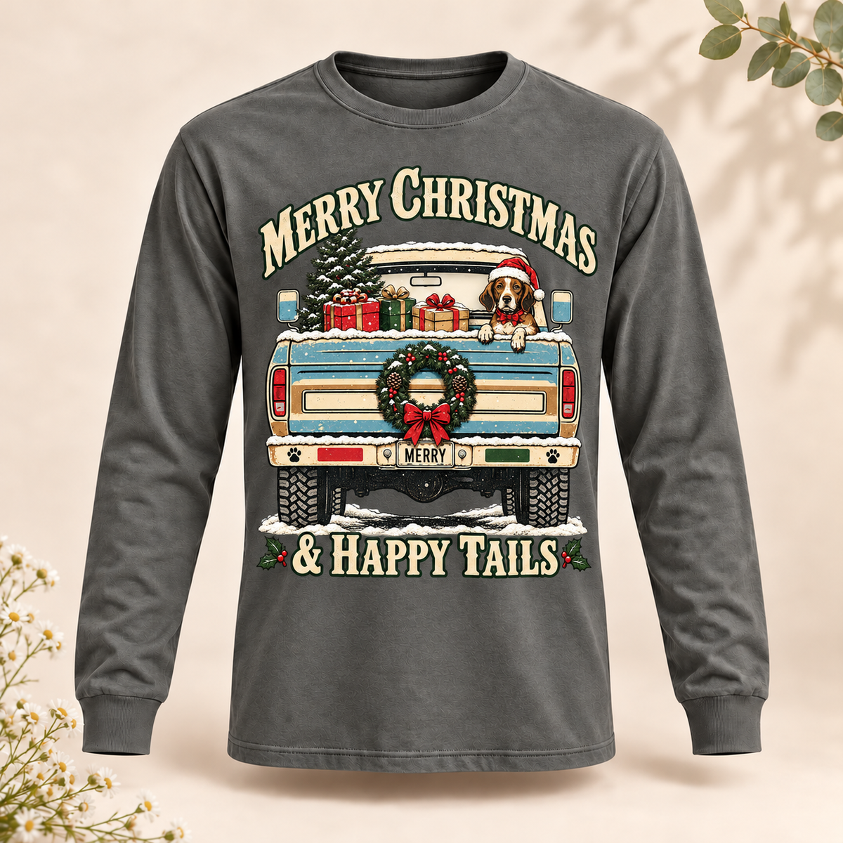 Beagle Christmas Truck Shirt – Merry Christmas & Happy Tails, Short & Long Sleeve